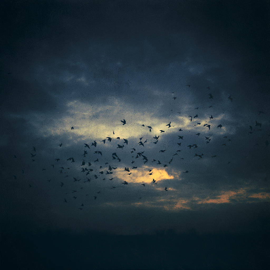 A flock of birds at dusk.