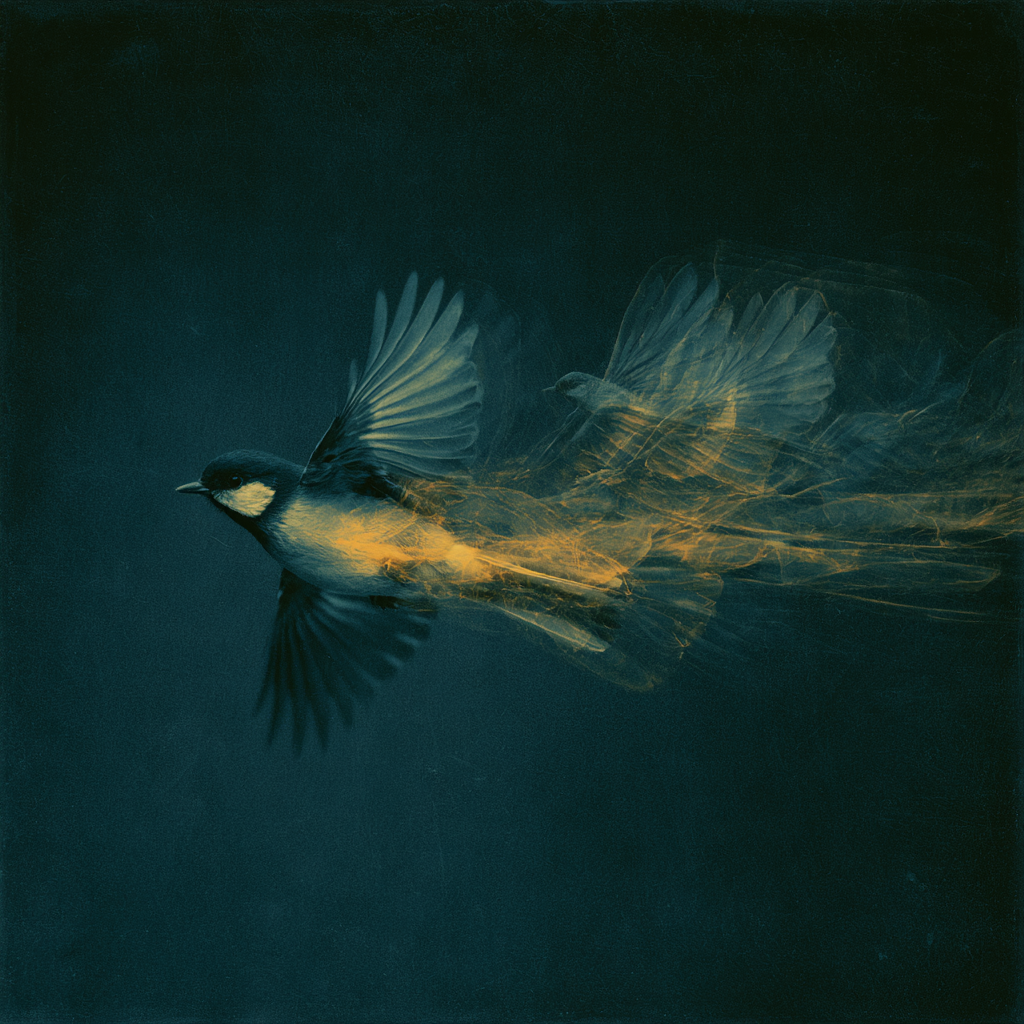 A bird in flight trailing afterimages of itself.